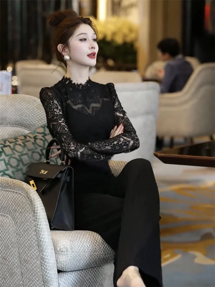 Simple Lace Patchwork Jumpsuit Trendy High Waist Long Pants Women's Faionable Street Sle Early Spring New Arrival