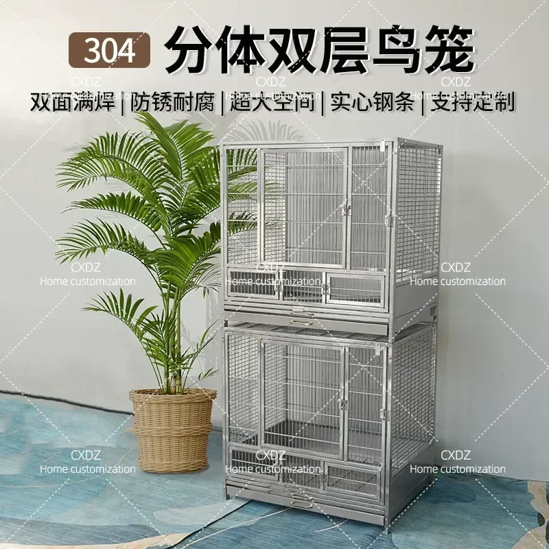 304 Stainless Steel Parrot Cage Large Split Double Layer Multi Tier Bird Cage Luxury Villa Breeding Cage with Spacious