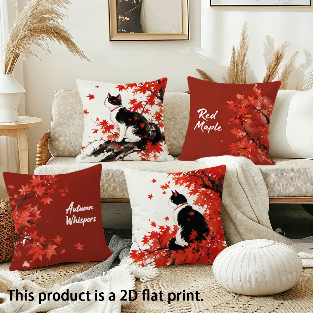 1pc Autumn Cat Red Maple Print Square Throw Pillow Case Home Decor Cushion Cover