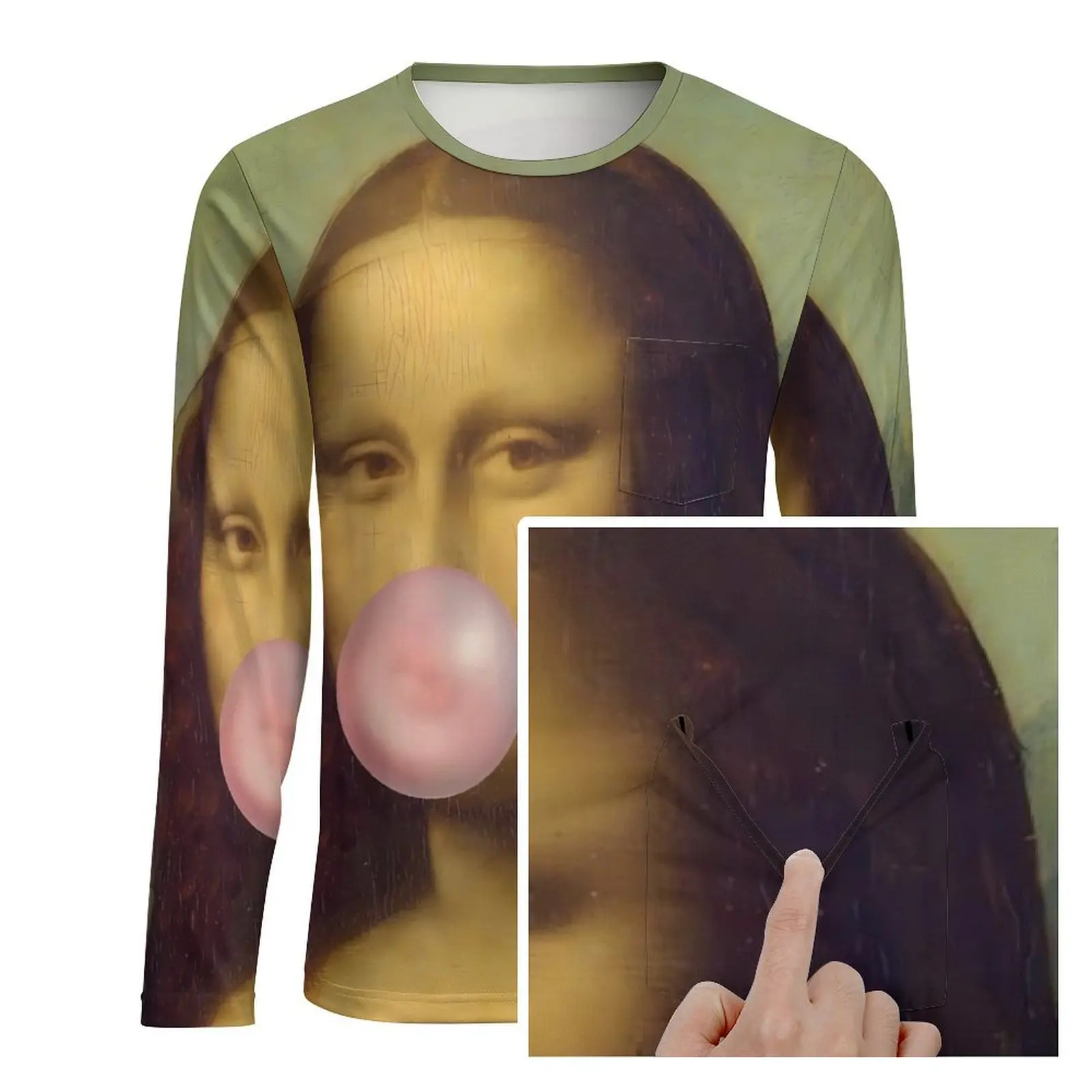 Mona Lisa Chewing Gum T Shirt With Pocket Funny Popular T-Shirts Men Fun Tee Shirt Long Sleeve Graphic Clothes Plus Size