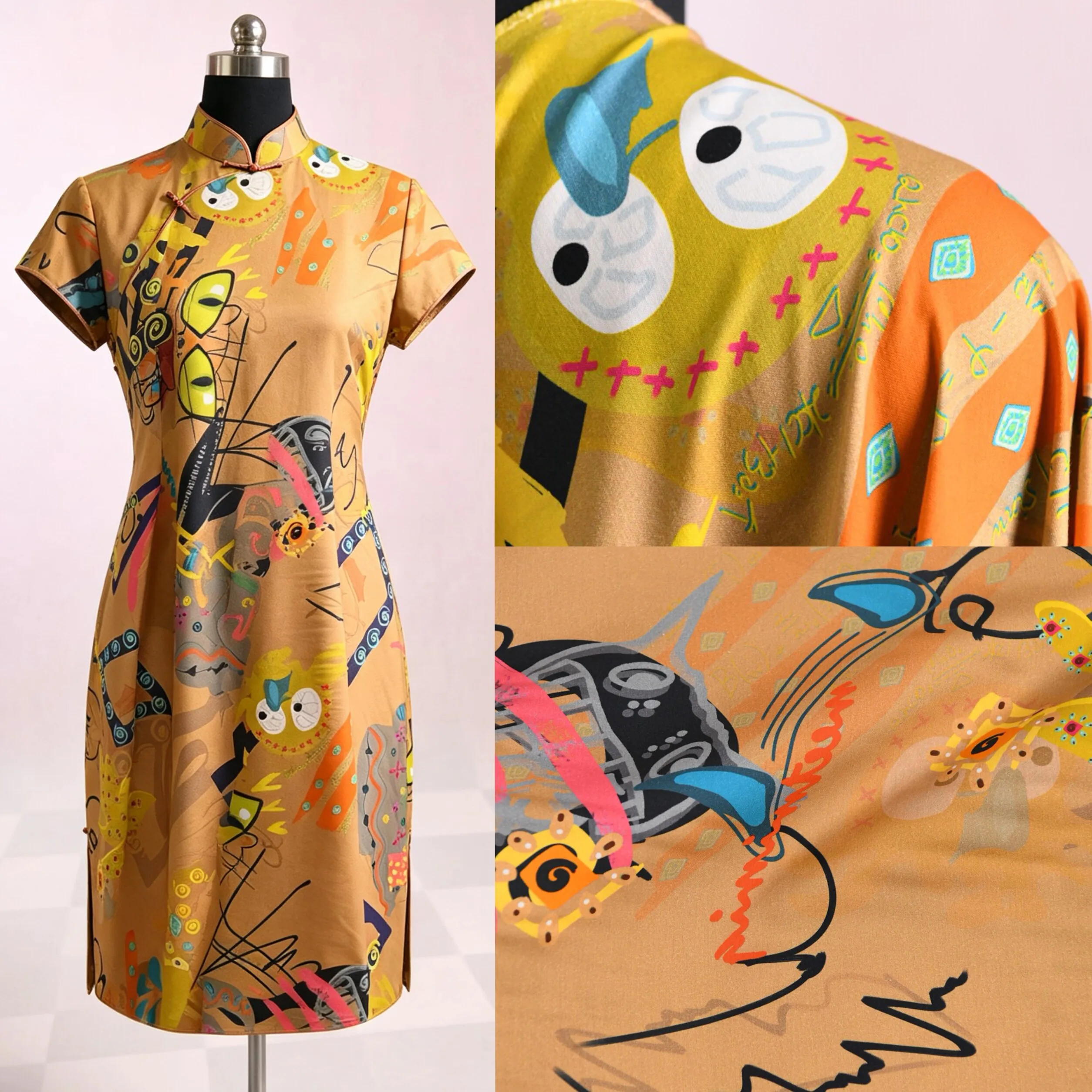 3m Txl Designer MMQ Alien Graffiti Abstract Art Imitation Silk Wool Silk Cotton Fabric Vintage Sourcing