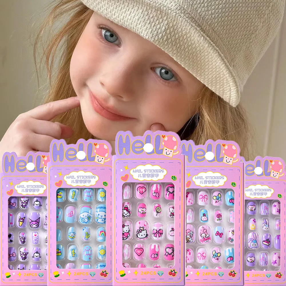 120Pcs=5pack Kids Press On Nails Lovely Sanrio Cartoon Children's Nail Patch 100+ Patterns Child False Nail Acrylic Fake NailTip