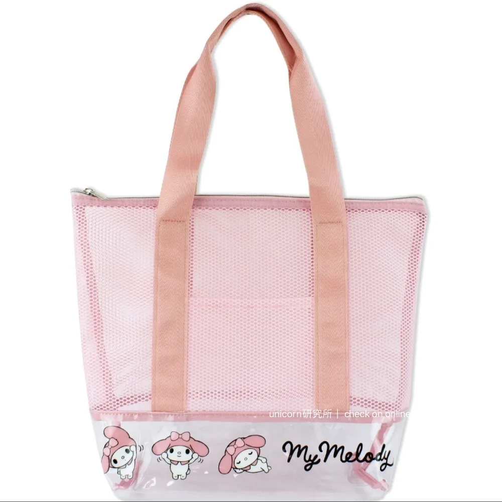 Sanrios Cinnamoroll Kuromi Girl Cartoon Hot Spring Beach Bag Hangyodon Anime Kawaii Mesh Mesh Mesh Single Shoulder Wash Bag Gift