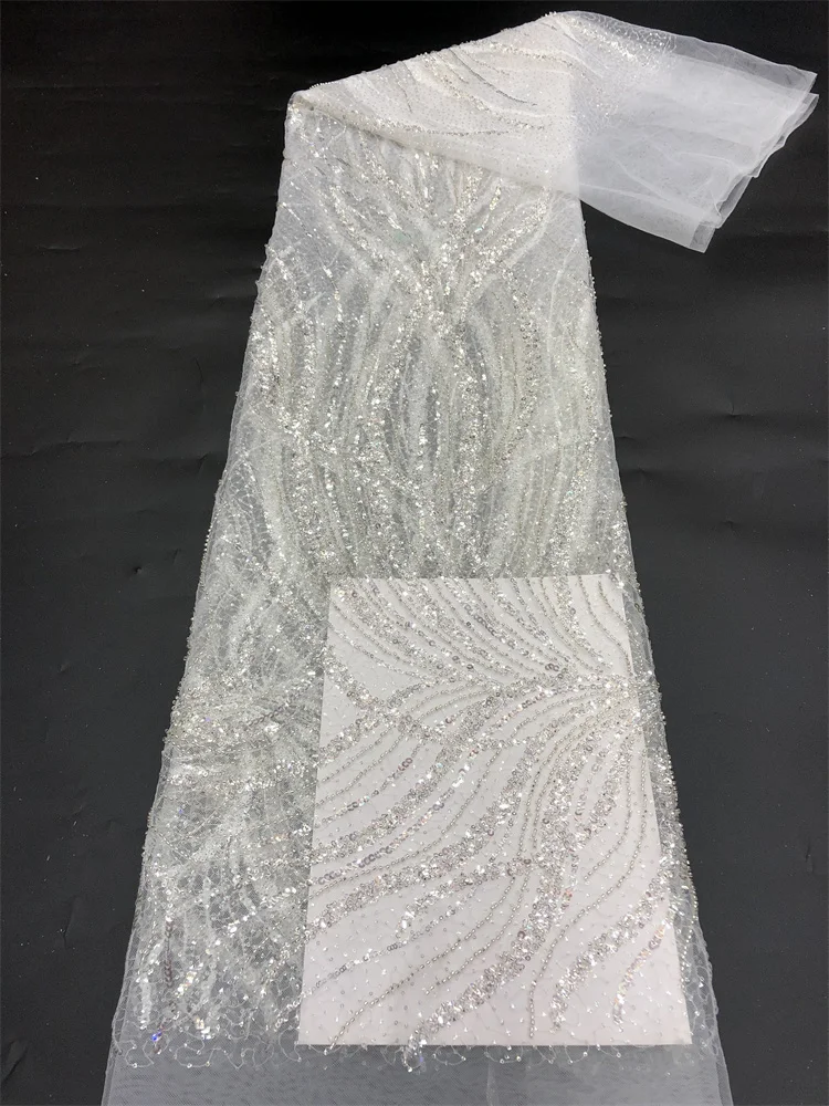 

Luxurious African Groom Sequins Lace Fabric Mesh High Quality Heavy Beads Embroidery French Tulle Lace Nigerian Wedding Dress