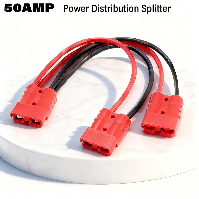 50A 1 in 2 out Y-type power splitter connector, 10AWG tinned copper cable, 10inch/25.4cm with O-ring terminals, 1to2 heavy-duty