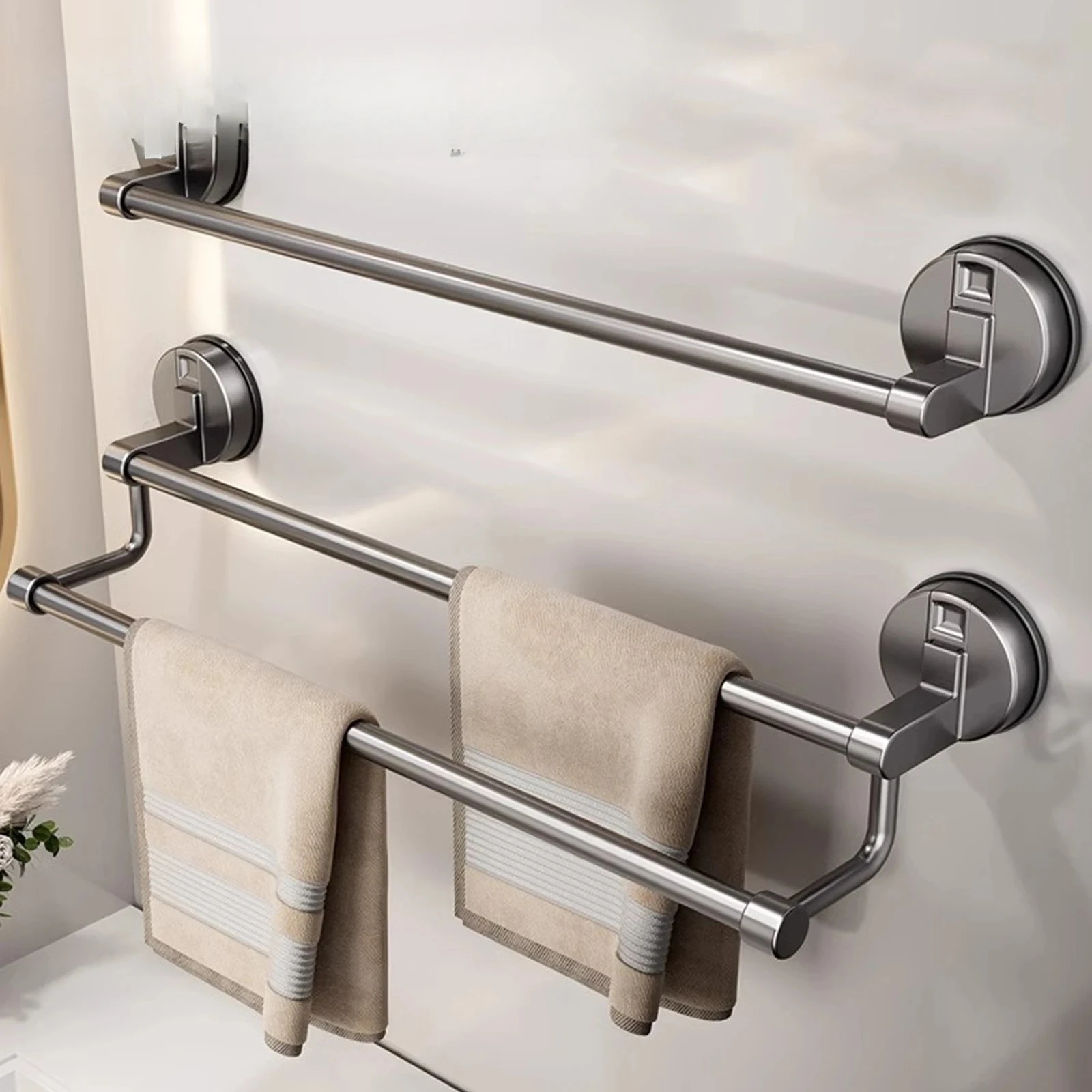 

Suction Cup Bathroom Hand Rack Holder Wall No Drill Mount 30/40/50Cm Towel Double Bar 2 Tier Apartment