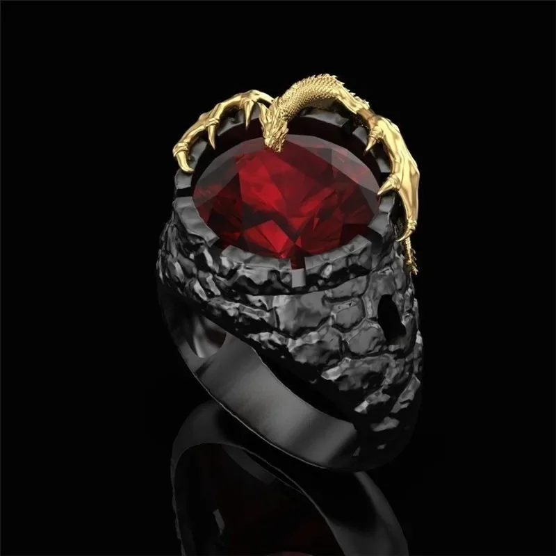 Milangirl Fashion Rings for Men Mighty Personality Dragon Ring Red Zircon Black Mens Ring Punk Jewelry