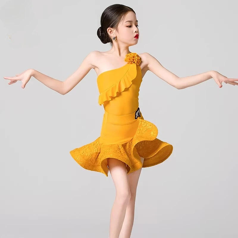 Dziecięcy strój do tańca latynoamerykańskiego dla dziewczynki, żółty, z wycięciami na ramionach, body i spódnica z bandażami sznurowanymi, strój treningowy do tańca towarzyskiego, kostium konkursowy.