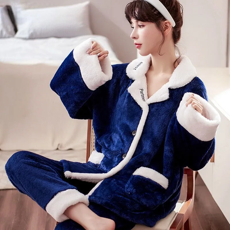 2023 New Autumn Winter Thick Flannel Pajamas Cute Two-piece Homewear Cardigan Plus Size Nursing Clothes Coral Velvet Loungewear