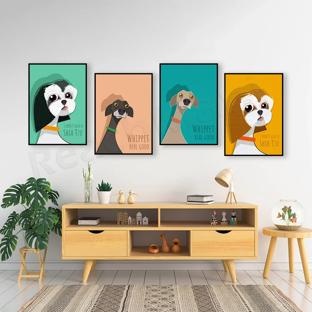 Whippet Very Good, Whippet Art, I Don't Give Shih Tzu, Shih Tzu Art, Mid 1960s Illustration Printed Animal Scandi Poster