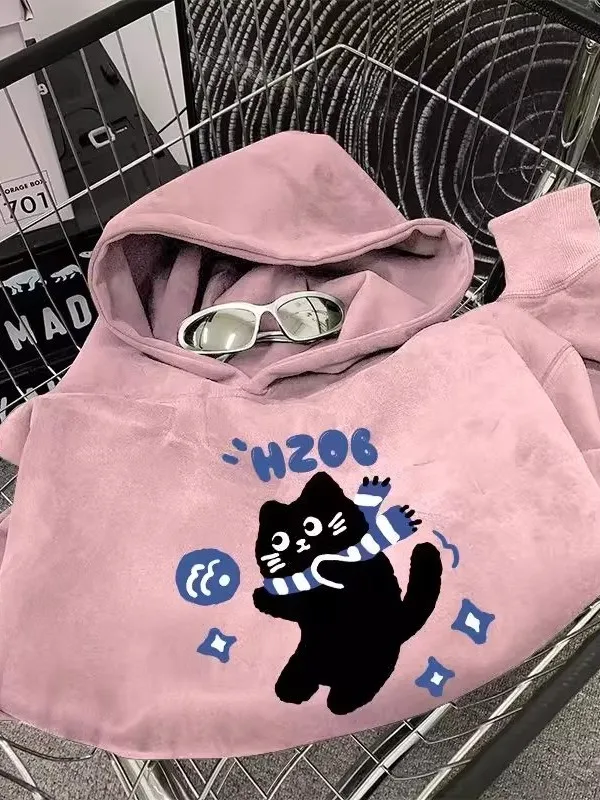 

plus Size Fce Lined Suede Hoodie ex Autumn Winter Street Sle Cartoon Pink Outerwear Breathable Windproof Warmth