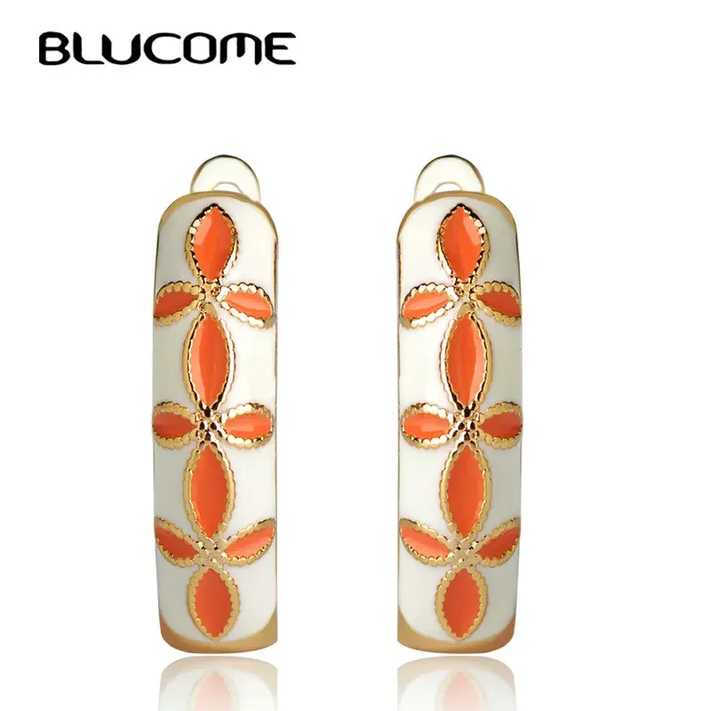 Blucome Classic Orange Flower Shape Enamel Stud Earrings Copper Soft Pins D Hooks Small Earrings For Women Girls Party Jewelry