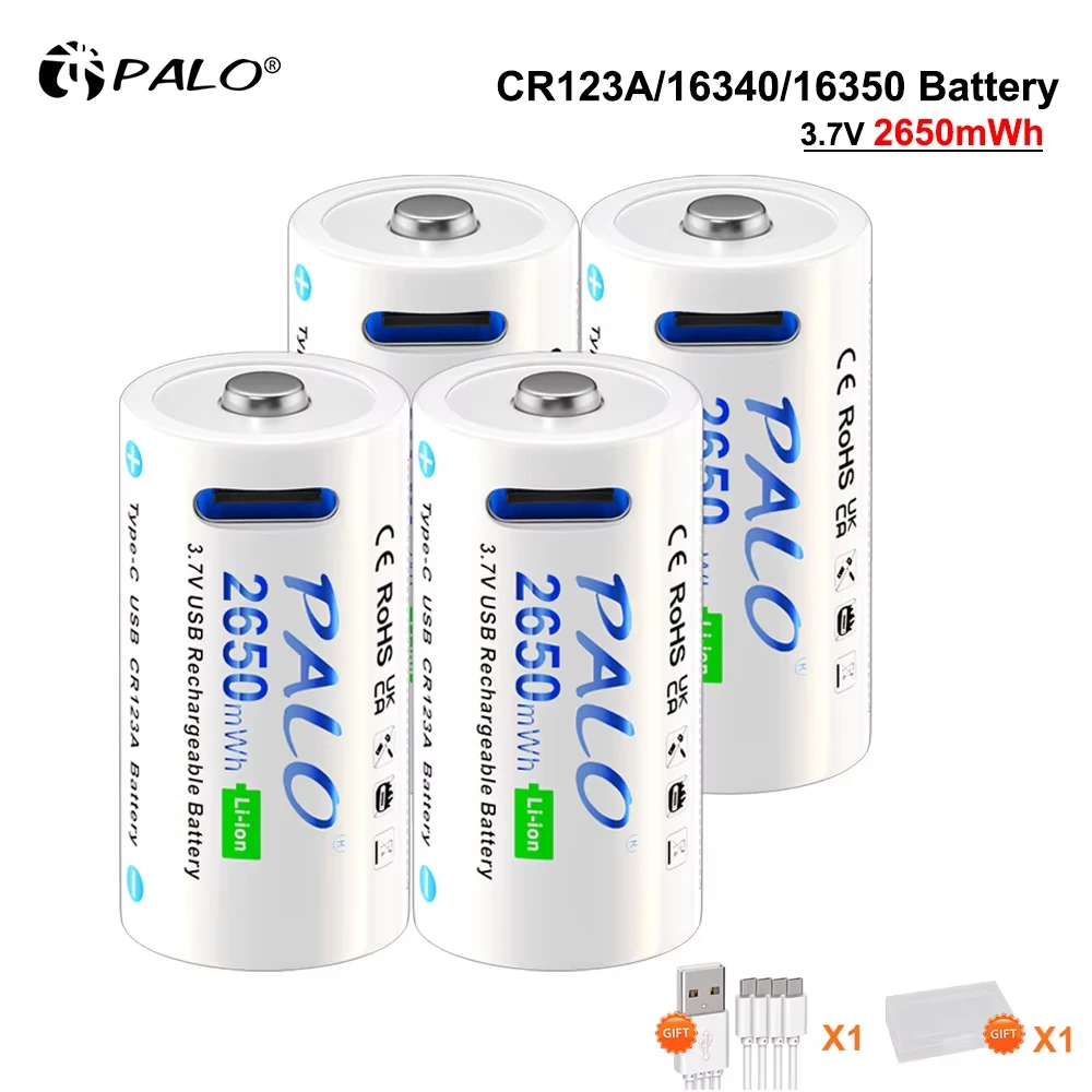 4 Stück 3,7 V 2650 mWh 16340 CR123A Li-Ionen-Akkus 16350 RCR123 Akku für LED-Taschenlampe, Laserstift + Typ-C-Kabel