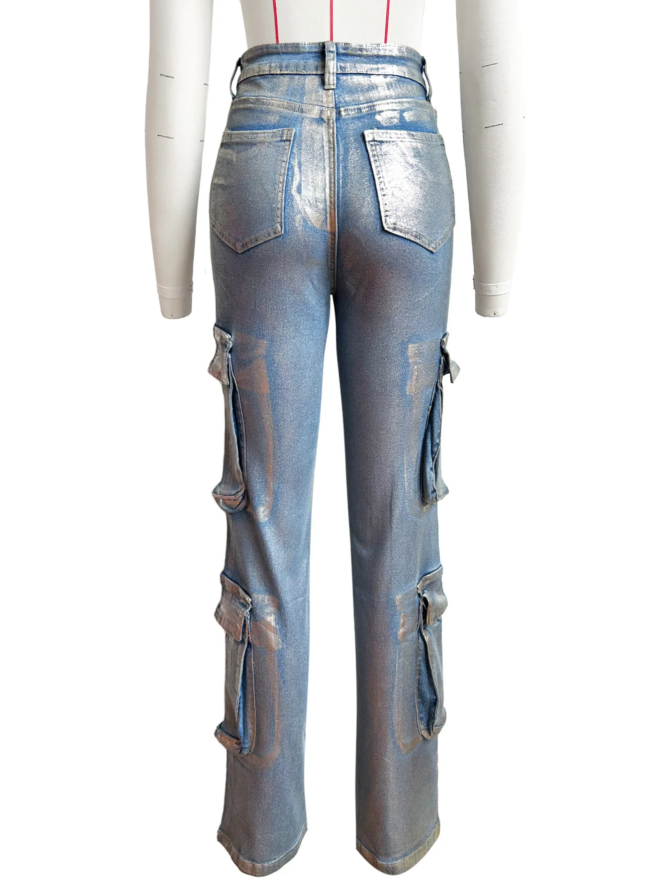 Vrouwen Denim Broek Glanzend Zilver Stretch Denim Cargo Broek Casual Hoge Taille Zakken Baggy Jeans Broek Rechte Wijde Pijpen Jeans