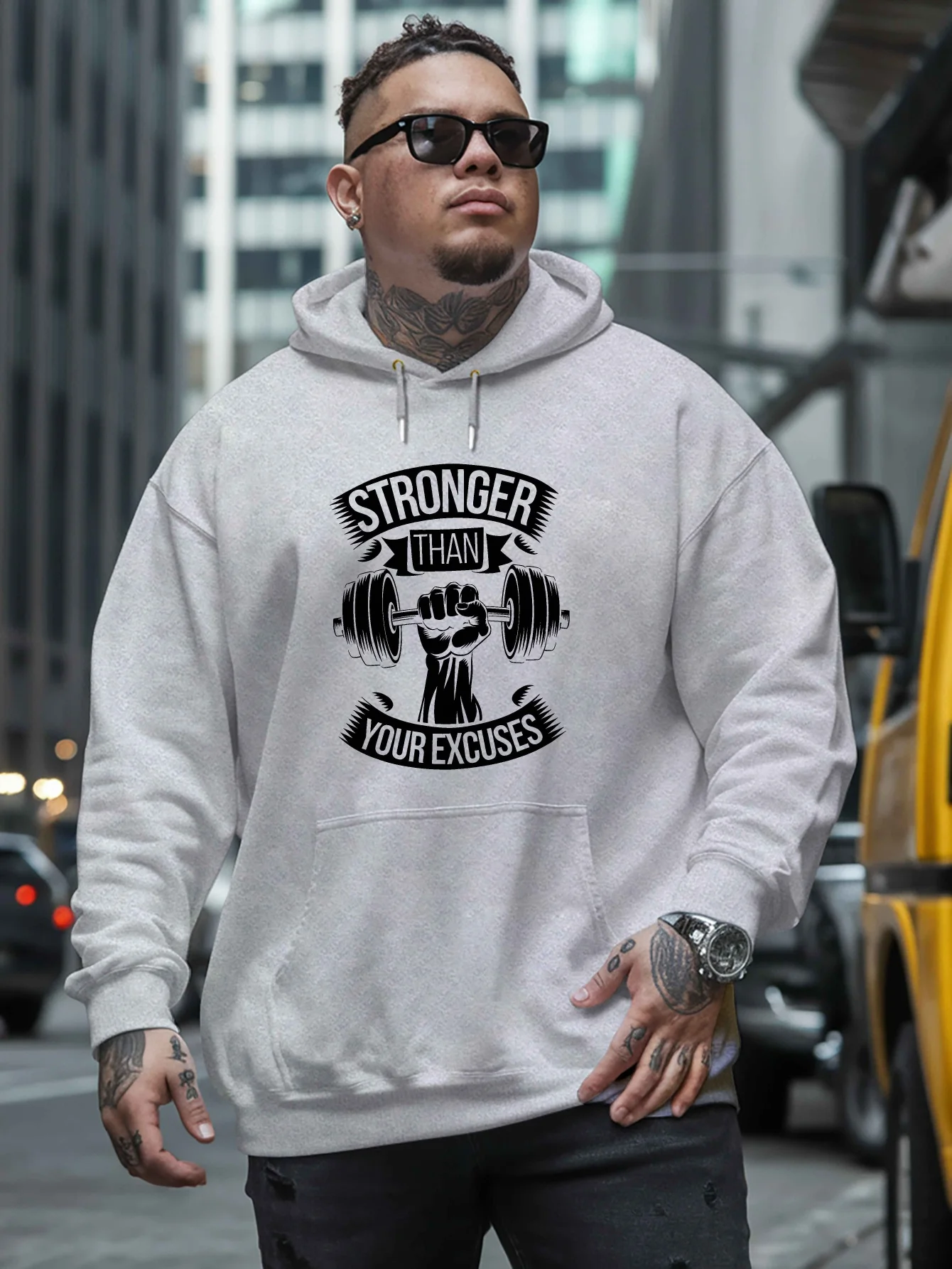 Men Pullover Hoodie Gym Fitness Dumbbell Hand Graphic Letter Slogan Print Hooded Sweatshirt Kangaroo Pocket Workout Tops