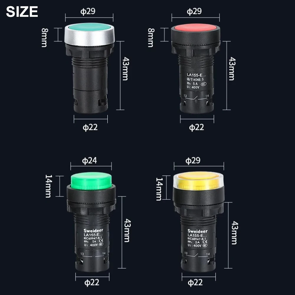 22mm LED Push Button Switch Momentary Reset Self Locking Power Switch Flat High Head on Off with Light 24V 220V 1NO 1NC 2NO Red
