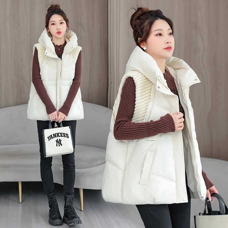 

A-word Vest Down Cotton Padded Jackets Short Waistcoat Mid-Length Slim Hooded Autumn Winter Jackets Solid Women's Coats Trend