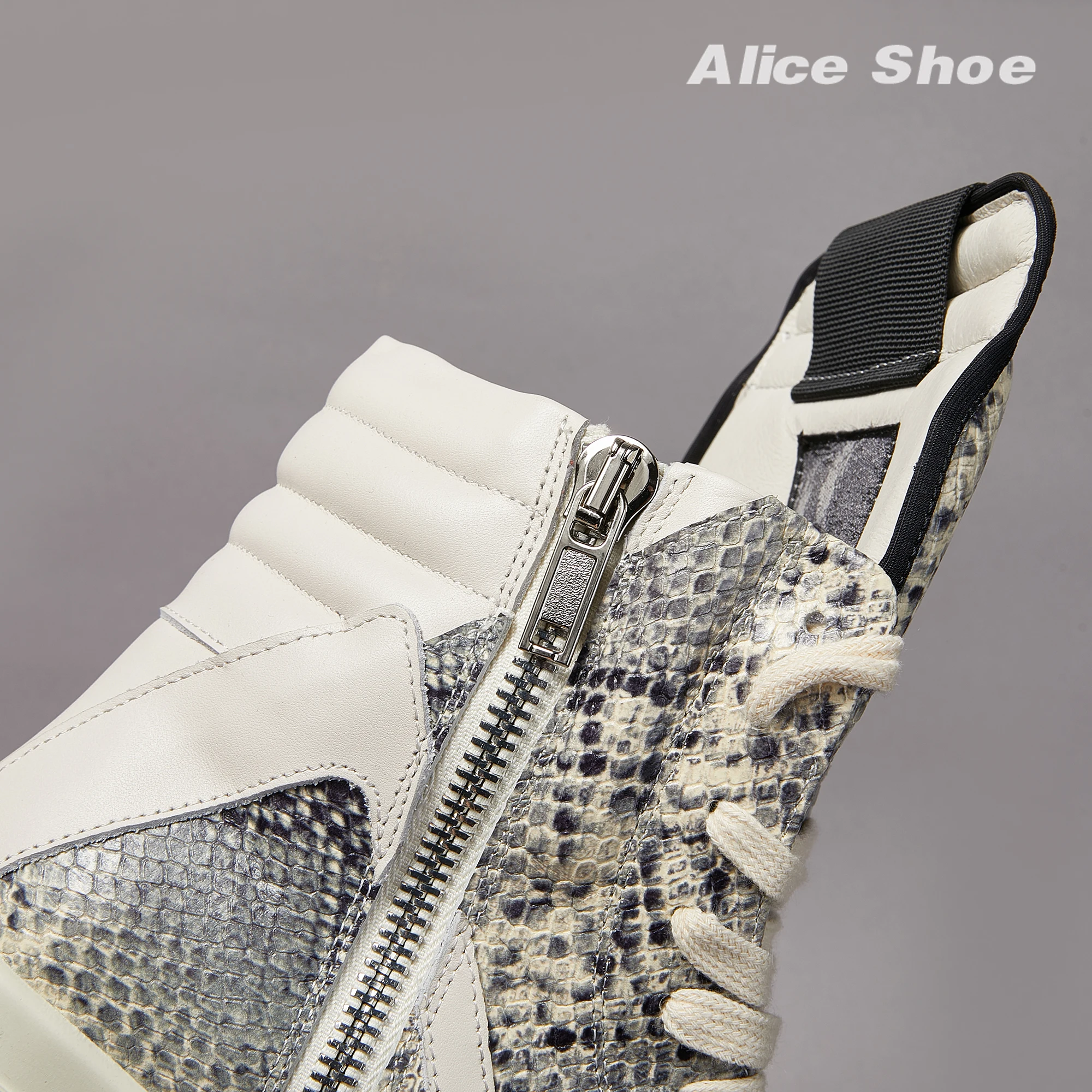 Brand Men Ankle Boot Casual Leather High Top Women Sneaker Python-Embossed Flat Luxury Trainer Designer Platform Grey Flat Shoe