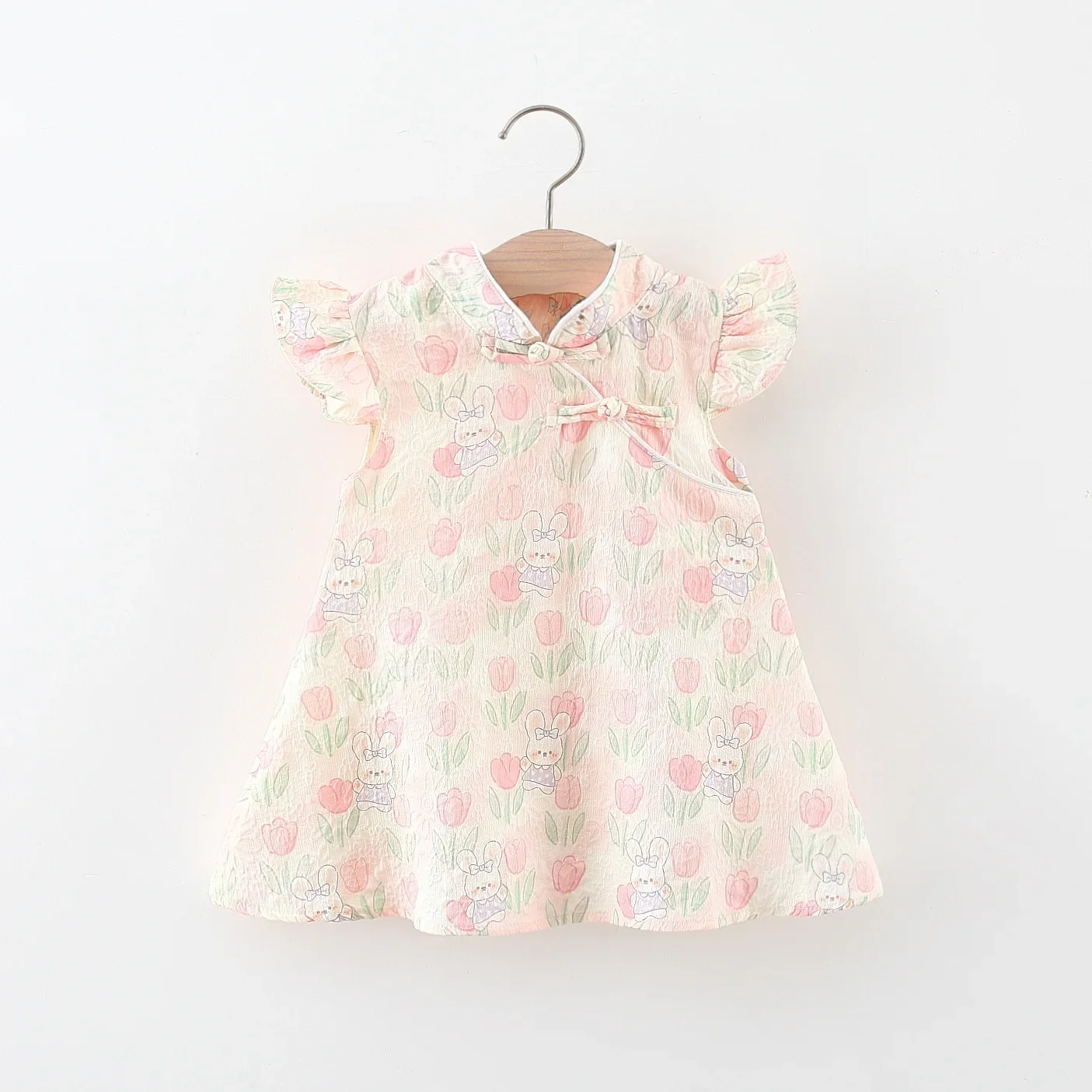 (0-3 Years Old) Summer Baby Girl Cute Tulip Bunny Flying Sleeve Qipao Dress For Girls Chinese Style Hanfu Dress