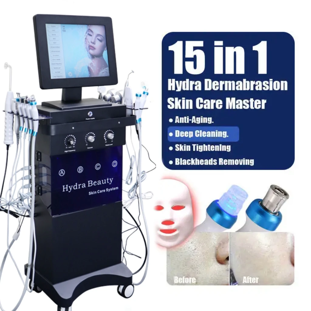 Venda de fábrica 15 em 1 máquina de casca hydra água peeling hidratante limpeza da pele clareamento remoção cravo oxigênio máquina facial
