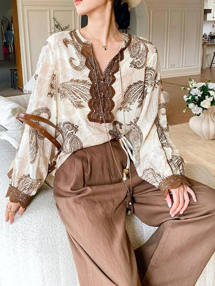 

Elegant Boho Style Blouse Shirt Women V-neck Lyocell Ramie Floral Printed Loose Autumn Spring Long Sleeve Casual Sexy Ladies Top