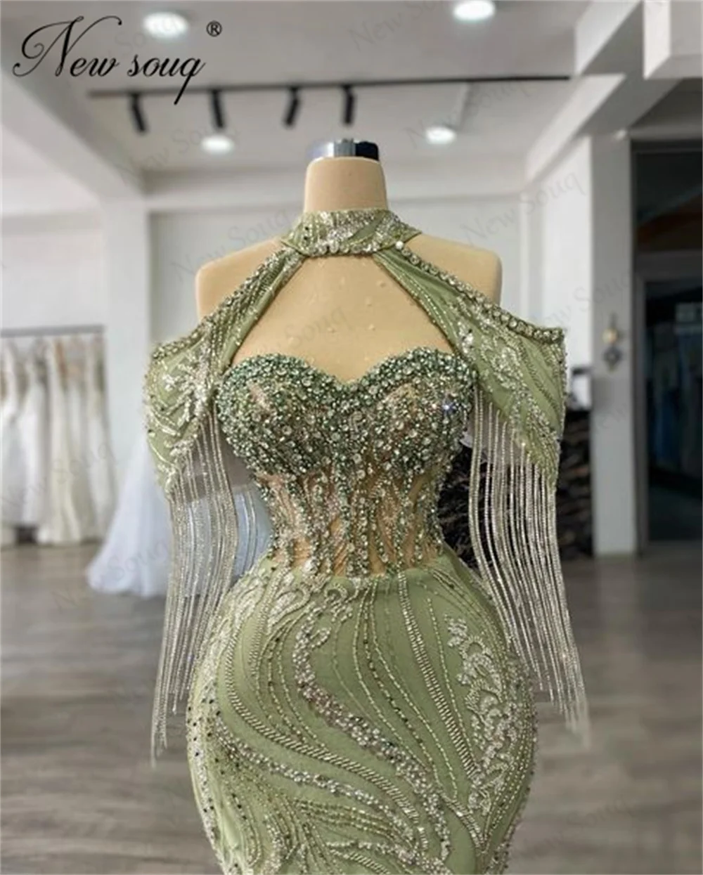 Two Pieces Mermaid Evening Dresses Aso Ebi Green Beading Crystals Celebrity Cocktail Dress Customized Prom Party Dress For Birde