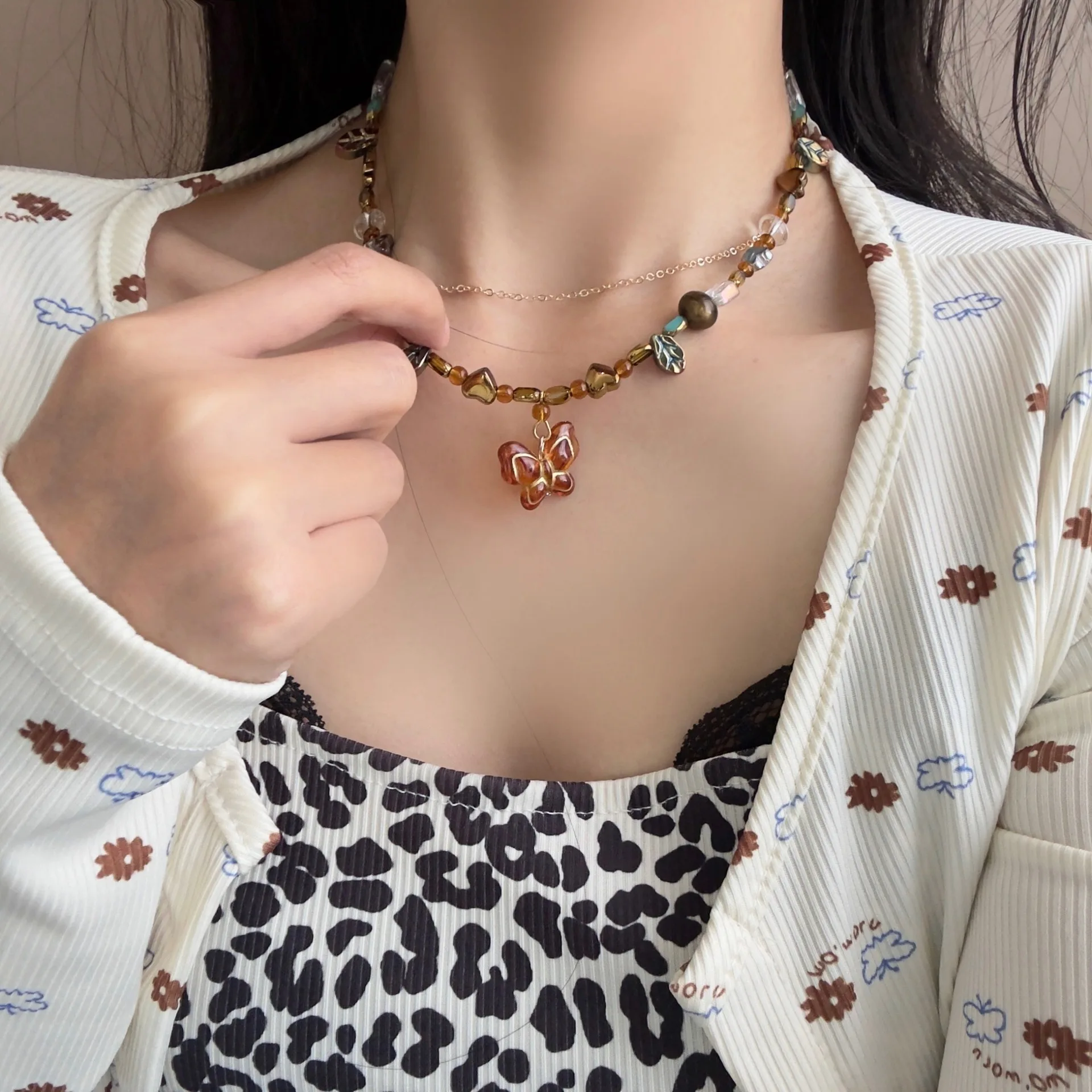 Ethnic Style Retro Butterfly Pendant Necklace Geometric Bead Clavicle Sweater Chain Jewelry