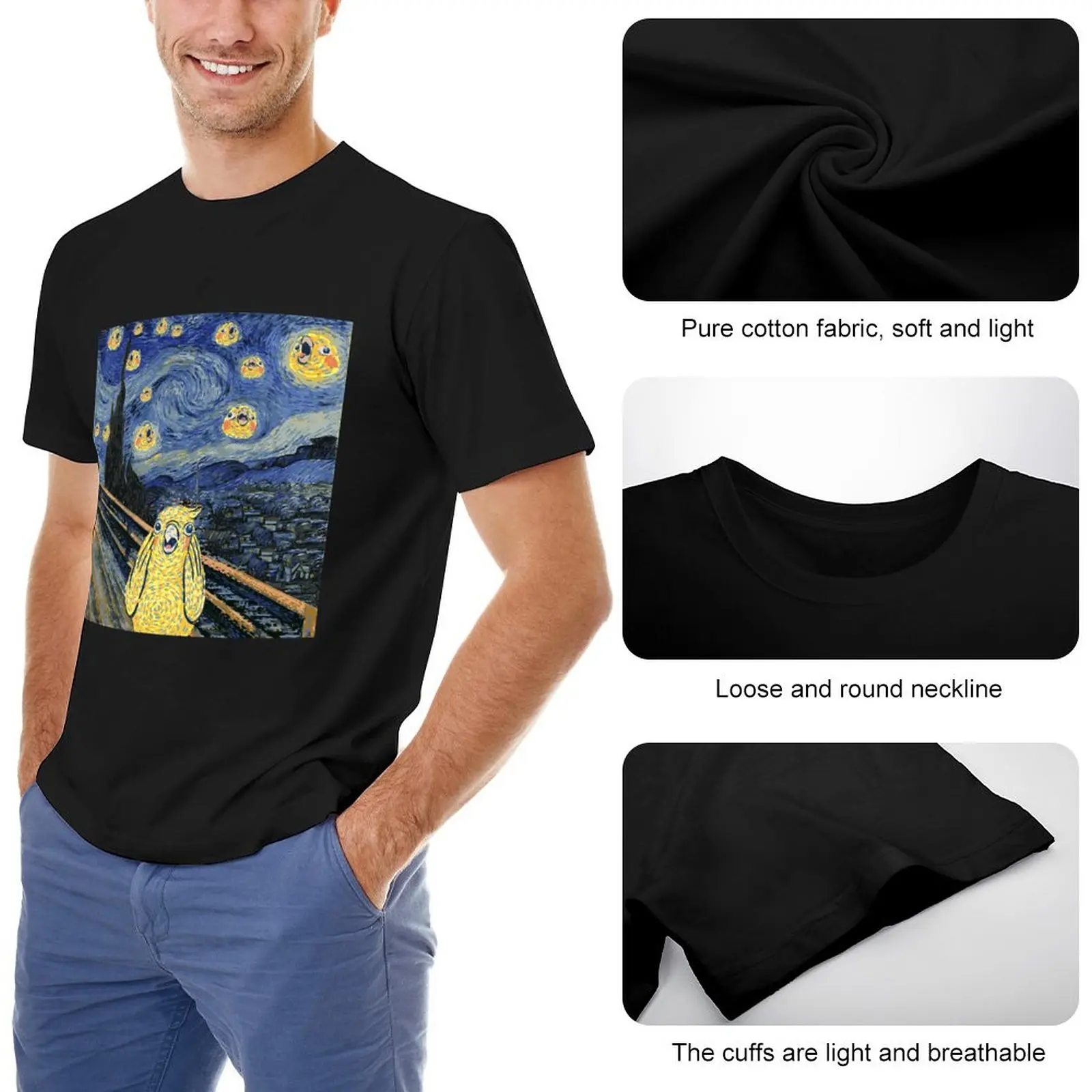 Cockatiel Starry Night - Van Gogh and Munch Birbs Parody T-Shirt black t shirt mens graphic t-shirts funny