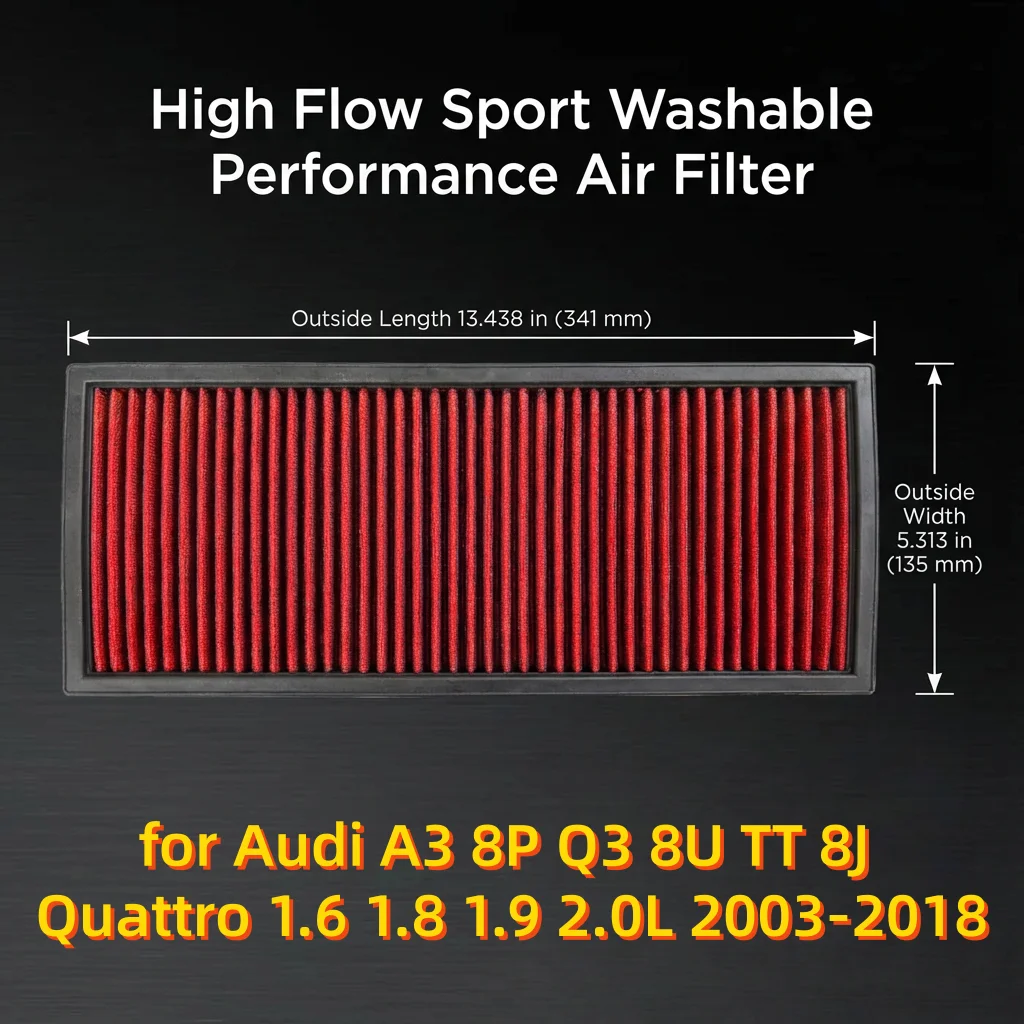 for Audi A3 8P Q3 8U TT 8J Quattro 1.6 1.8 1.9 2.0L 2003-2018 High Flow Sport Washable Performance Air Filter 33-2865