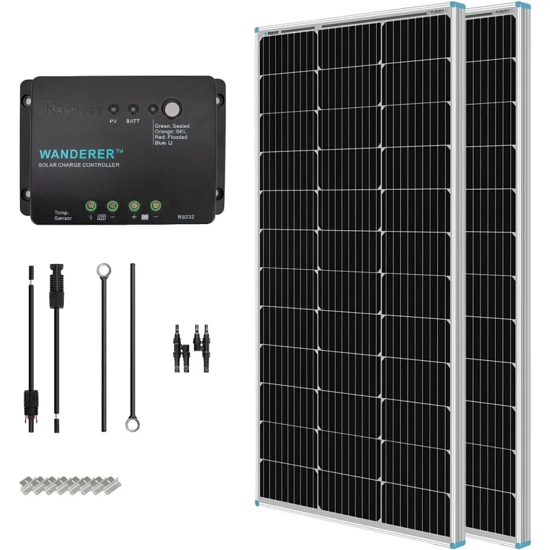 

200 Watt 12 Volt Monocrystalline Solar Panel Starter Kit with 2 Pcs 100W Solar Panel and 30A PWM Charge Controller for RV