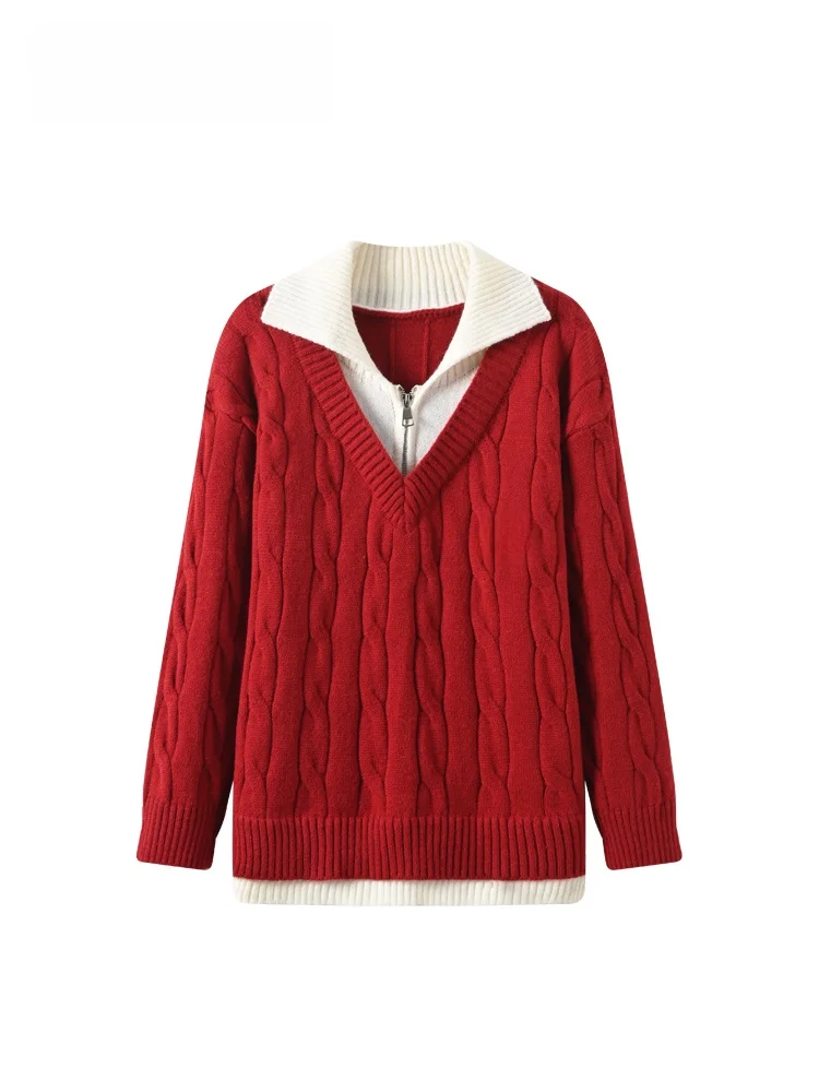 

Faionable Fake Two-Piece Knitwear Jaet for plus Size Women Retro Sle Winter Outerwear Long Sve Zipper Closure ...