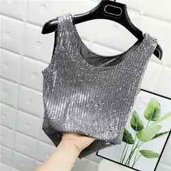 Summer Sparkling Sequins Tank Tops Hollow-out Top U Neck Cropped Sexy Streetwear Camis Tees Woman Tops Summer