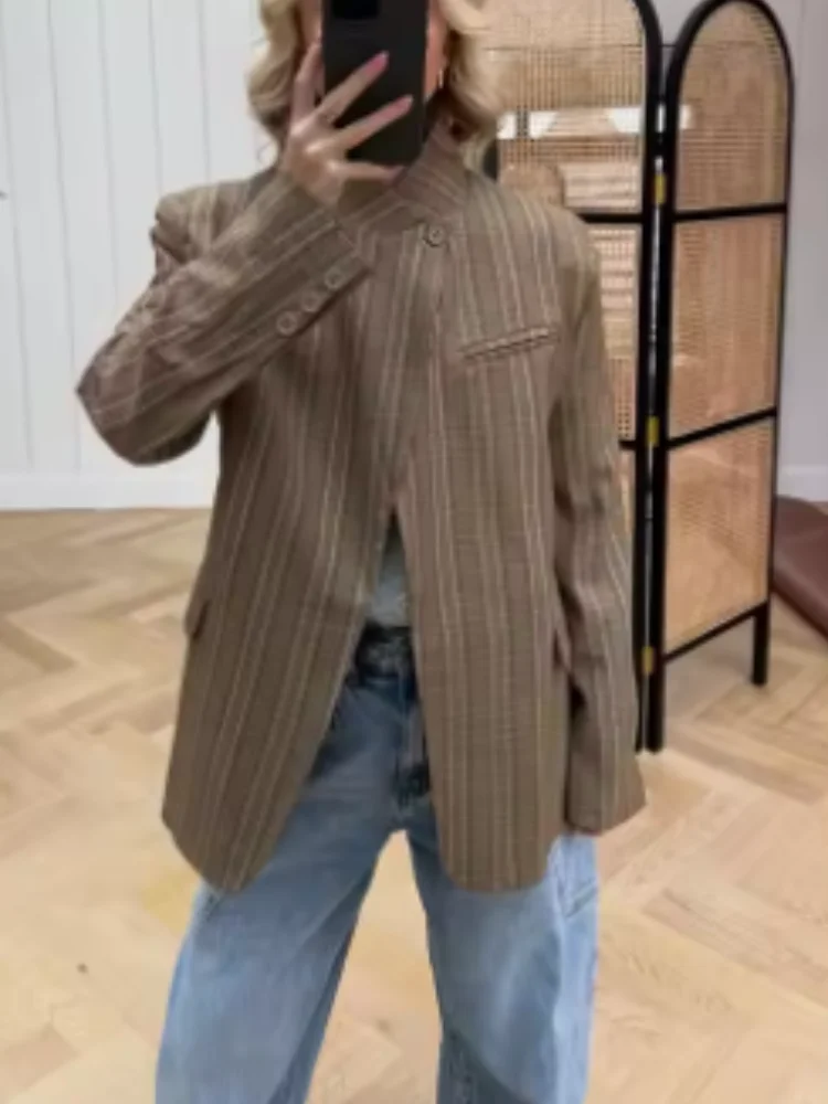 Blazer a cuadros irregulares para mujer, chaqueta a la moda con cuello levantado, chaquetas cortas holgadas de manga larga divididas, prendas de vestir para ir al trabajo diario para mujer 2025