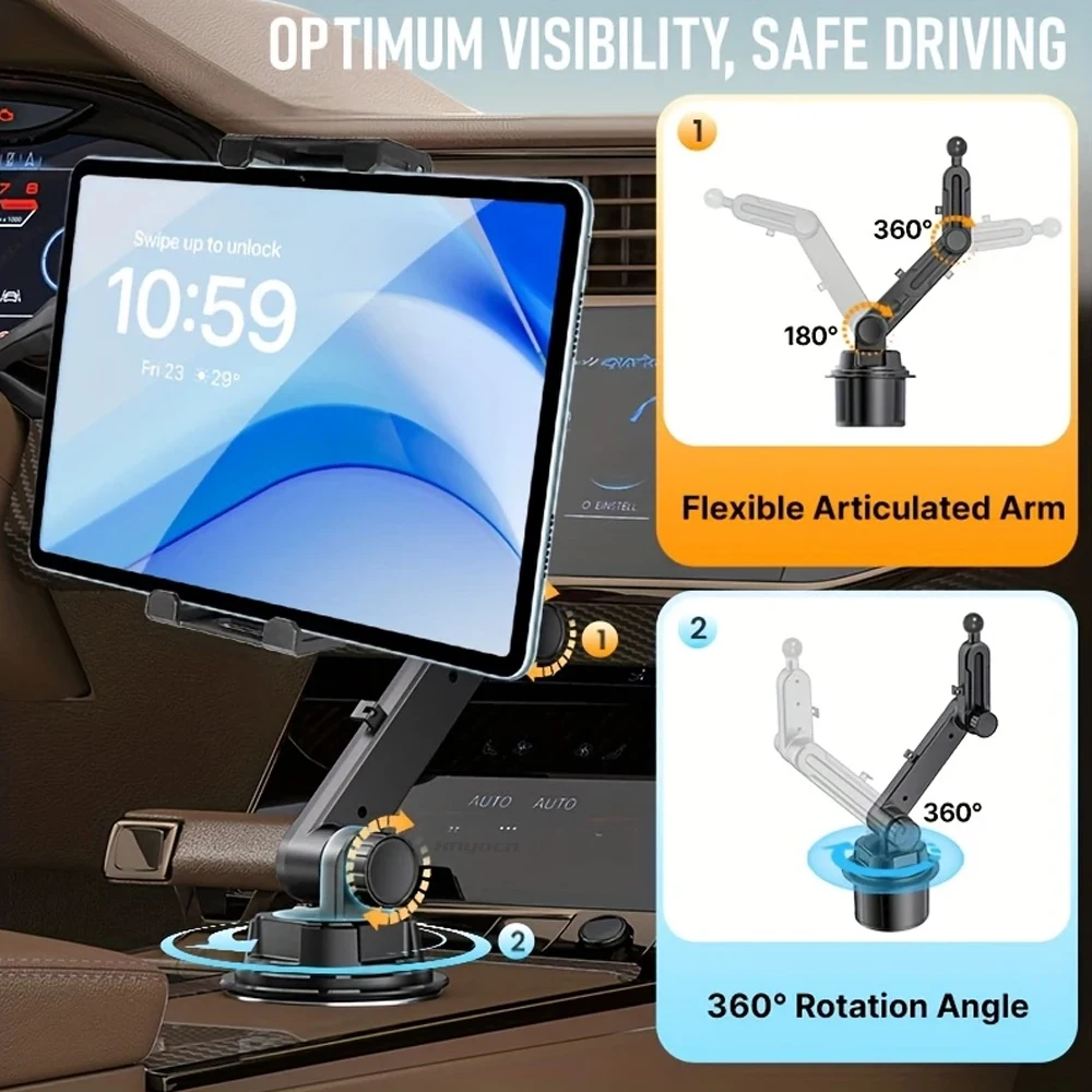 Universeller 360-Auto-Tablet-Ständer, Getränkehalter, Kfz-Halterung mit Kabelbefestigungshalterung für IPad Pro 12.9, Samsung Tab S7 Plus 12.4