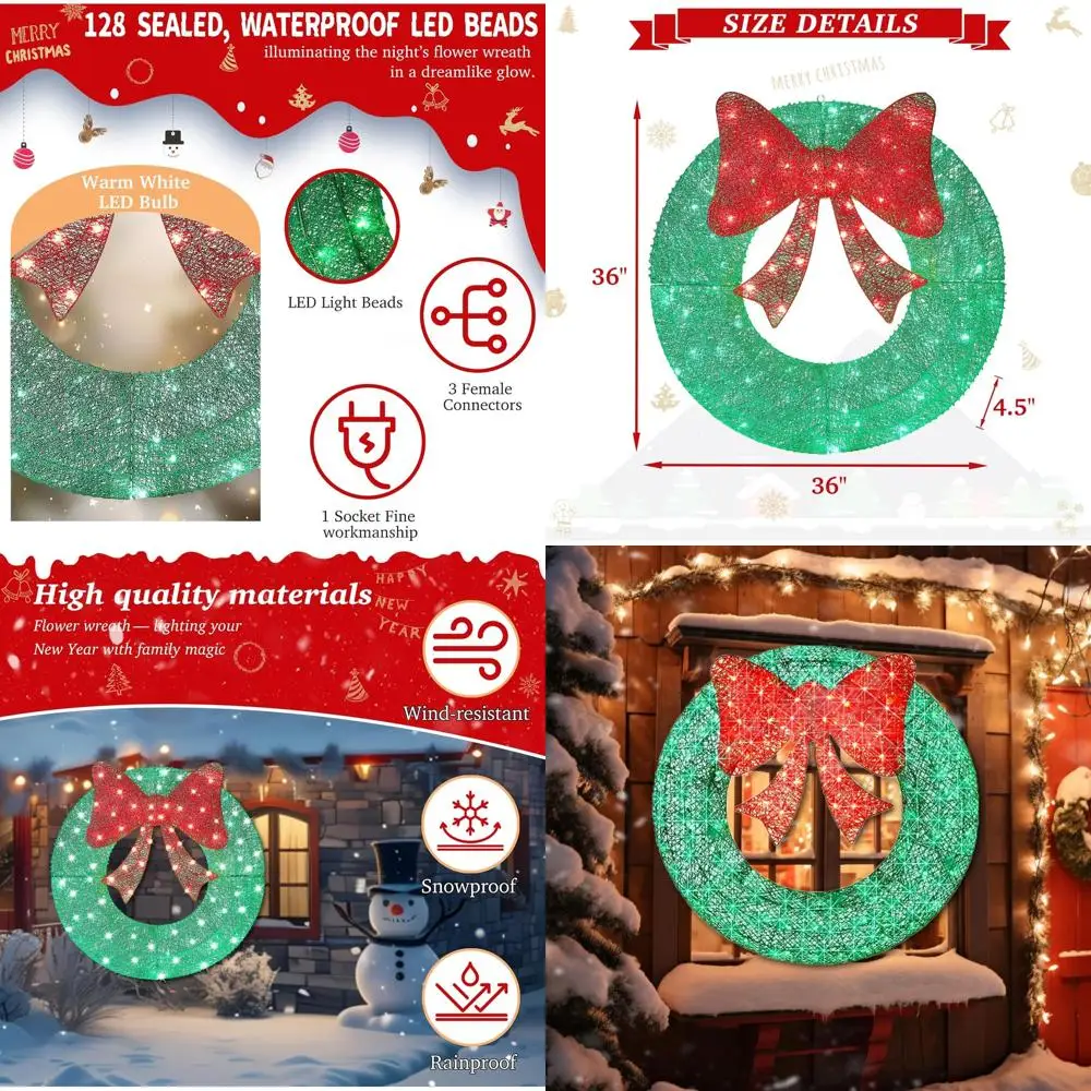 

Outdoor Christmas Wreath with 128 Warm White LED Lights, All-Weather Green for Front Doors, Gardens, Shopfronts, Bow Included