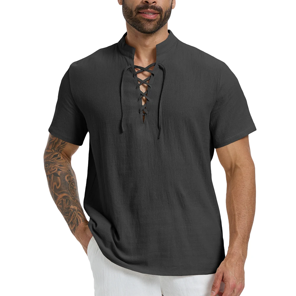 Herren-T-Shirt aus Baumwolle und Leinen, Sommer, atmungsaktiv, leicht, Henley-Ausschnitt, zum Schnüren, modisch, kurzärmelig, für Herren, lässige T-Shirts – Detail 8