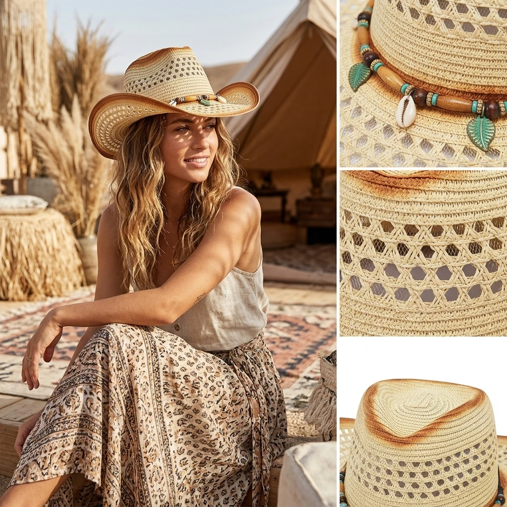 Western Cowboy Straw Hat Vintage Ethnic Jazz Cap Unisex Sun Protection Beach Hat Summer Outdoor Cowgirl Hat