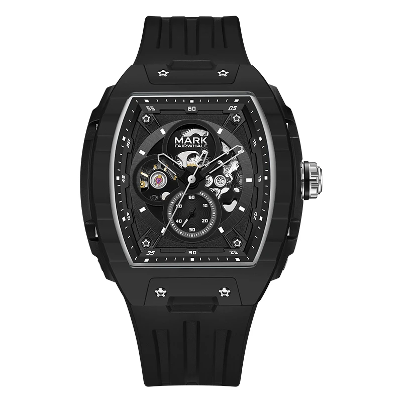 Mark Fairwhal Men Automatic Watch 47mm*52mm Tonneau Mechanical Wristwatch Resin Case Luminous Skeleton Dial