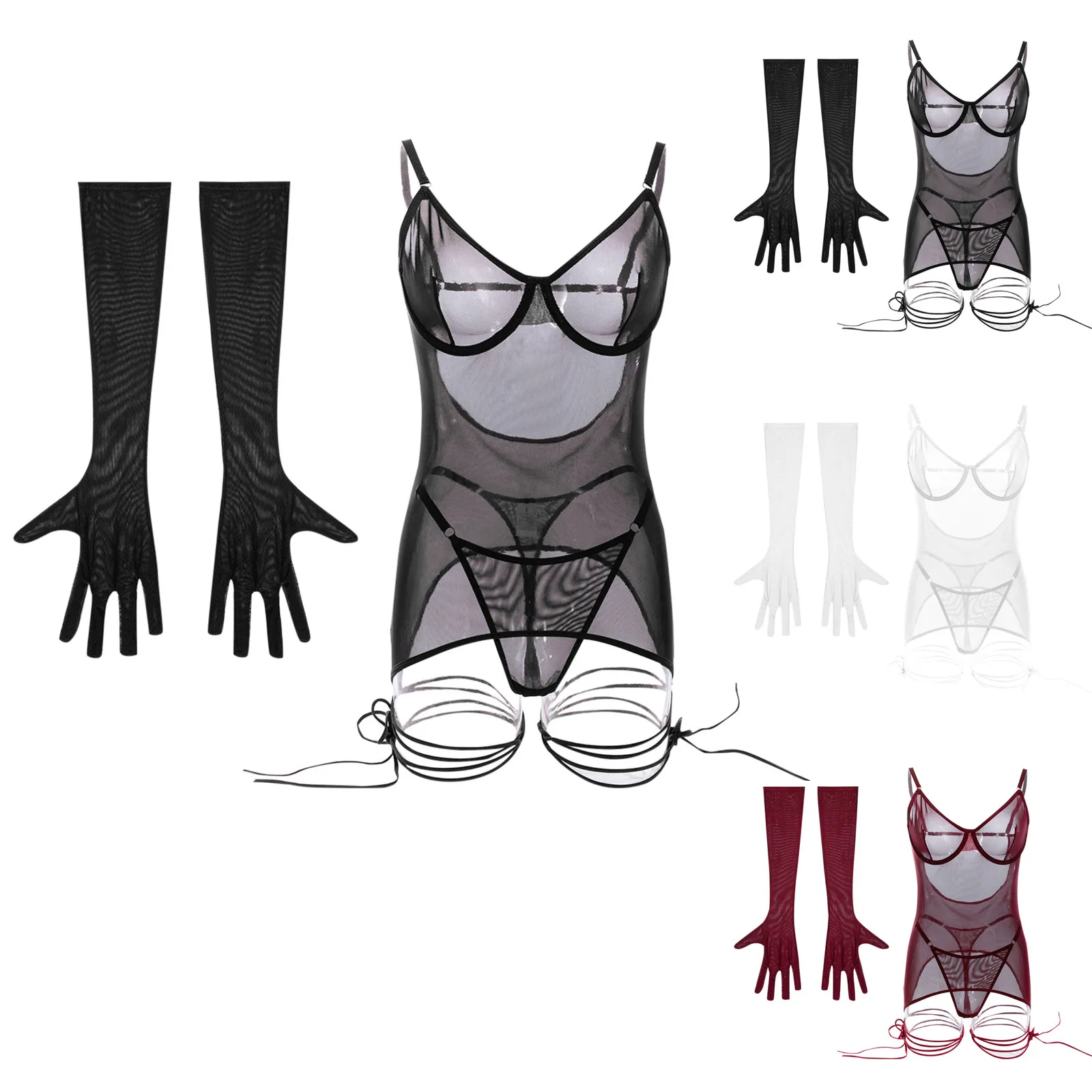 2024 Erotic Hot Lingerie Women Mesh Transparent Underwear Suit Strappy Bodycon Babydoll G-String+Gauntlet Sexy Cosplay Costumes