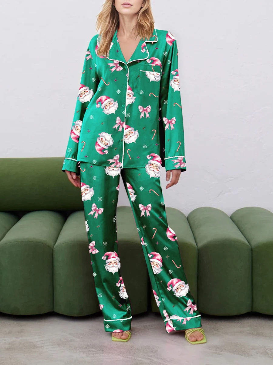 Women Christmas Pajama Set Santa Claus Print Long Sleeve Button Up Shirt with Elastic Pants Sleepwear Leisure Loungewear Pjs