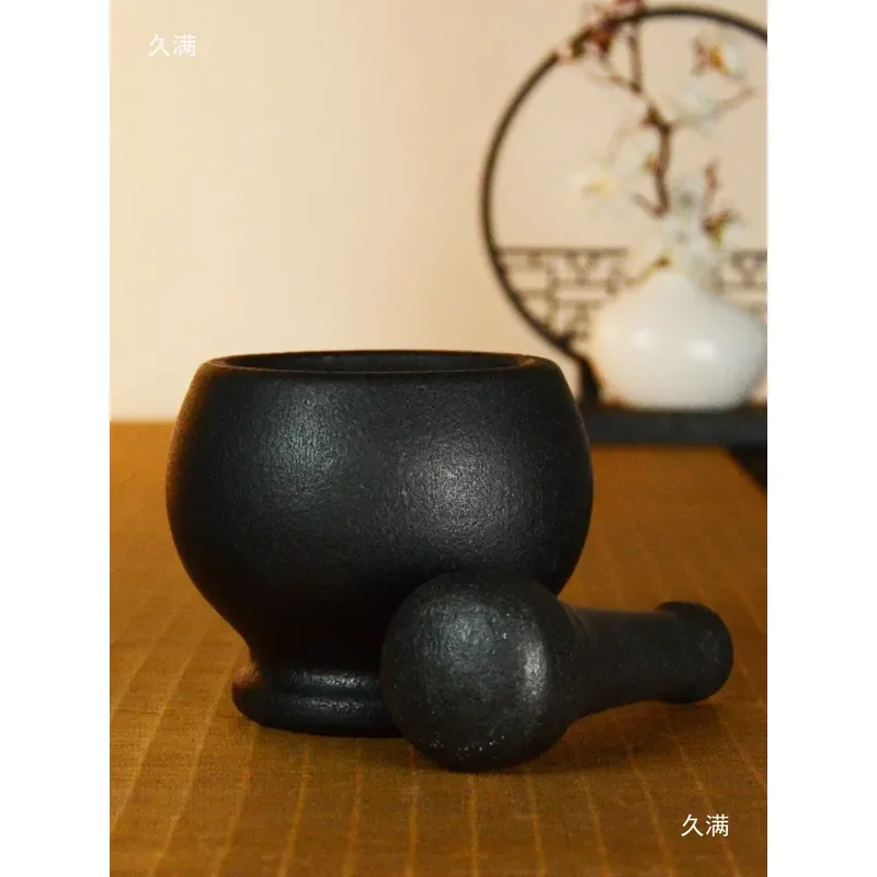 Natural Wujinshi Stone Mortar and Pestle Set for Grinding Garlic Herbs Spices Traditional Manual Kitchen Tool Retro Design