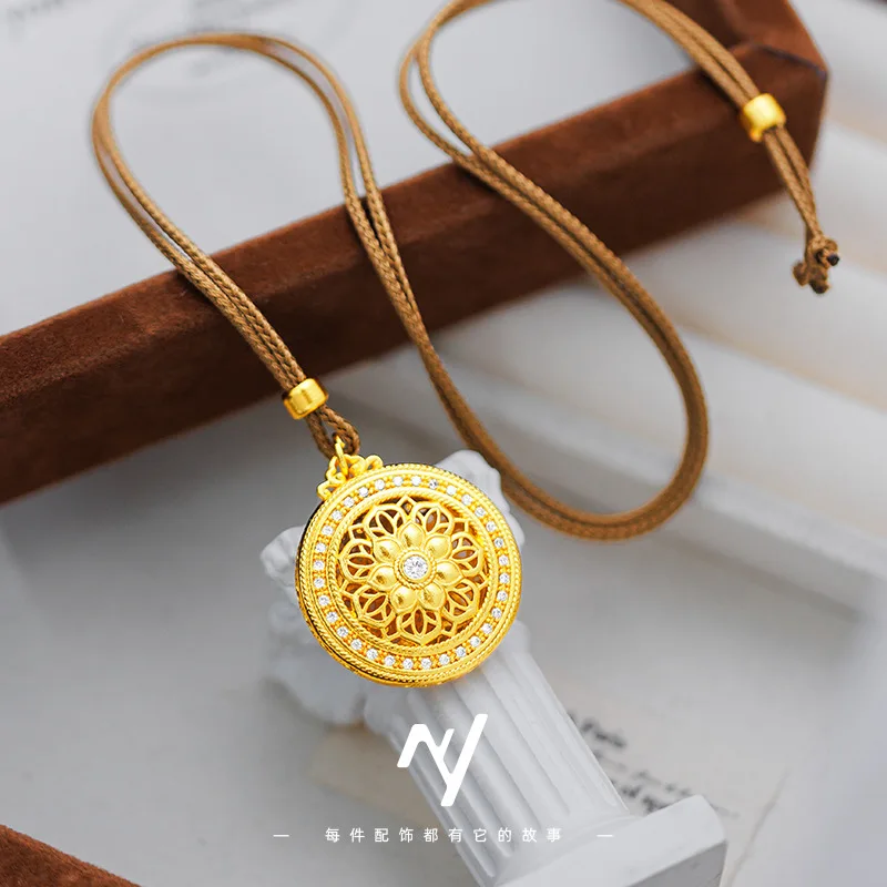 

Luxury 24K 9999 Pure Gold real gold Women's Hollow Filament Sunflower Diamond Pendant Necklace