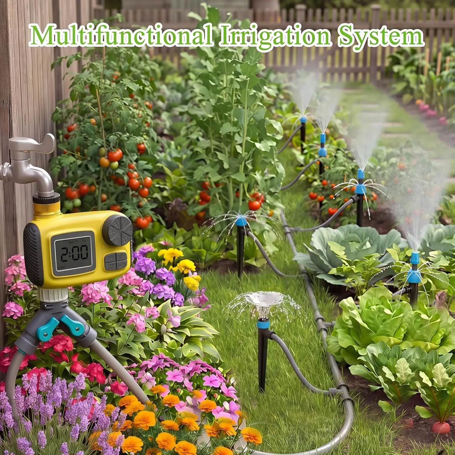100FT Drip Irrigation System with Timer & 16 Adjustable Nozzles, 1/2