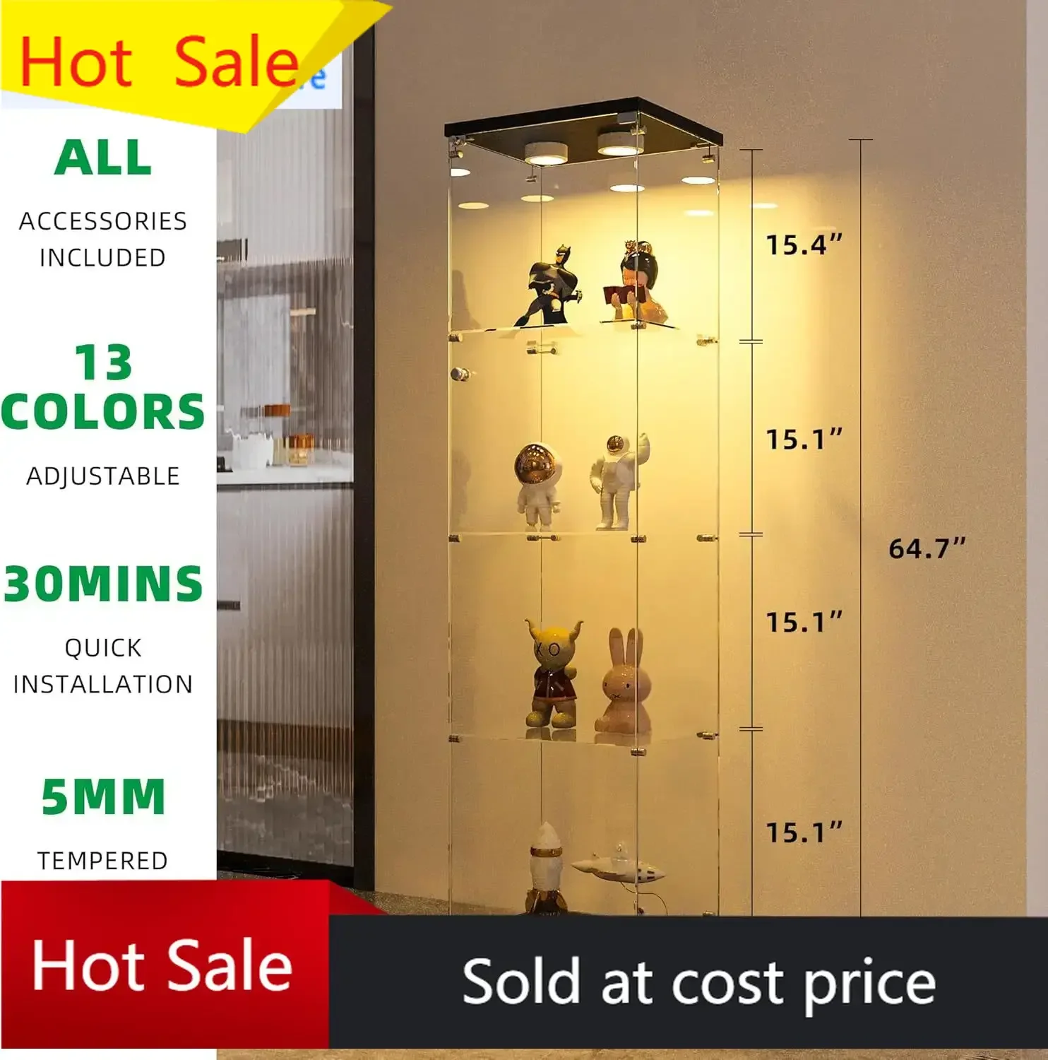 Activity priceDisplay Cabinet with Glass Door and LED Light, 4-Tier Tempered Glass Display Shelf, Glass Curio Cabinet Collection