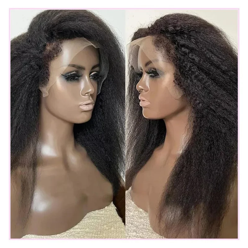 Yaki-Perruque Lace Front Wig Sans Colle pour Femme, Cheveux Crépus Lisses, Noirs, Baby Hair, Densité 180, Degré de Chaleur, Pré-épilée, 03, 26 Pouces