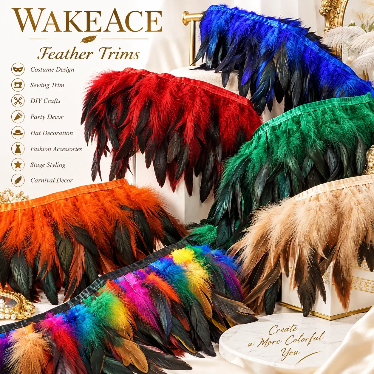 10M Rooster Feather Trim Fringe Ribbon for Sewing Costume Dress Stage Carnival Party DIY Craft Decoration