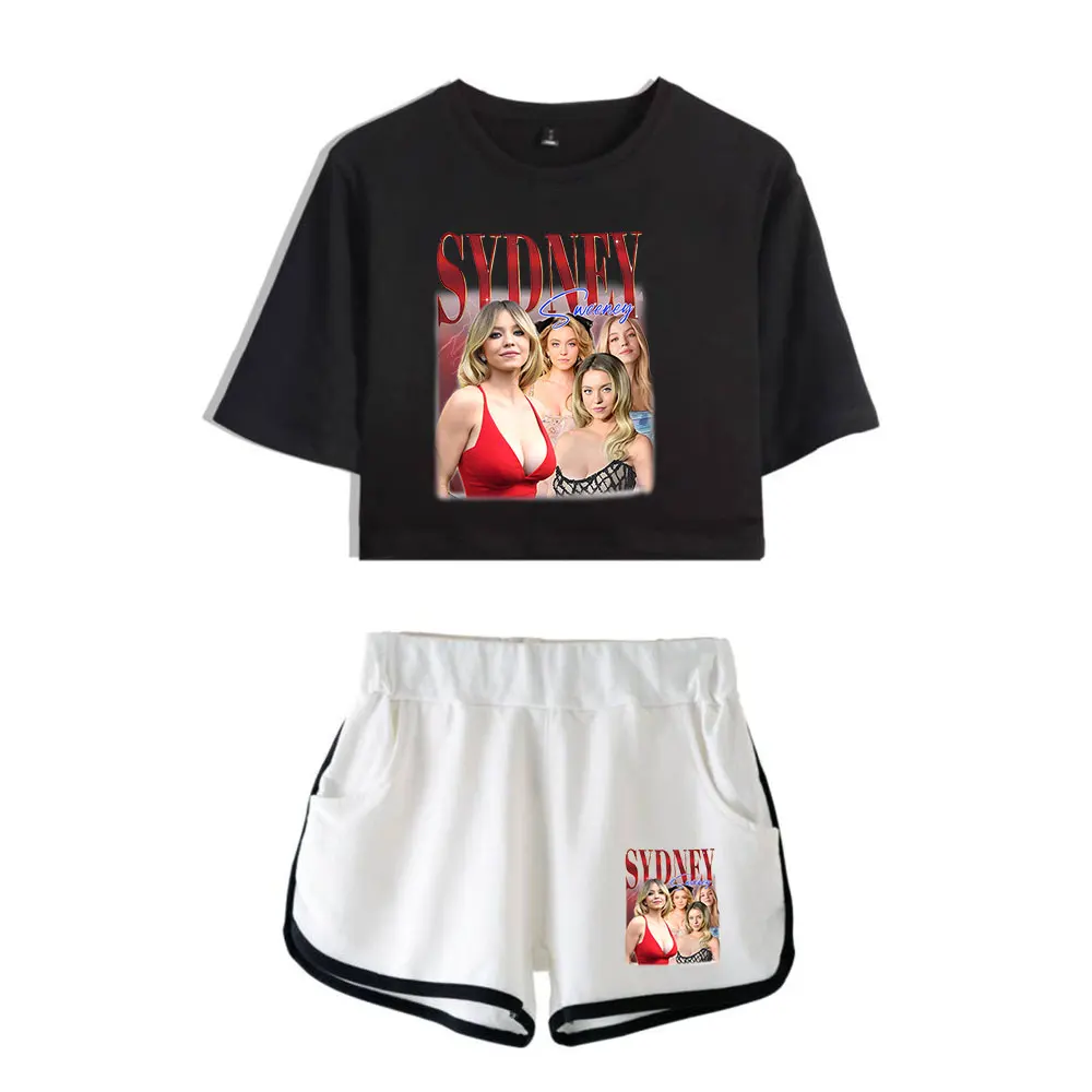 

Sydney Sweeney Suit Vintage 90s logo Merch Tops Harajuku Two Piece Set Shorts+Lovely TShirt Trendy Suit