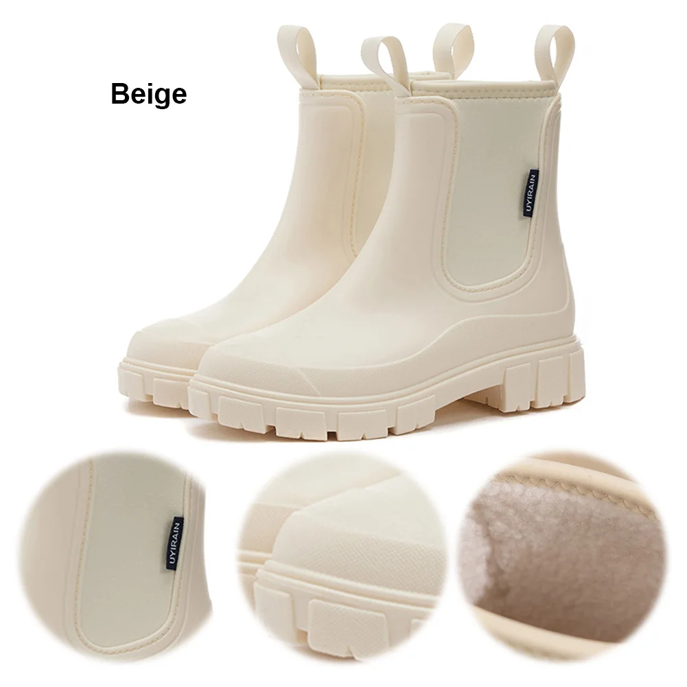 Women's Rain Boots with Plush Lining Chelsea Rainboots Anti-Slipping Ankle Rain Shoes Wellington Boots Outdoor Work Shoes