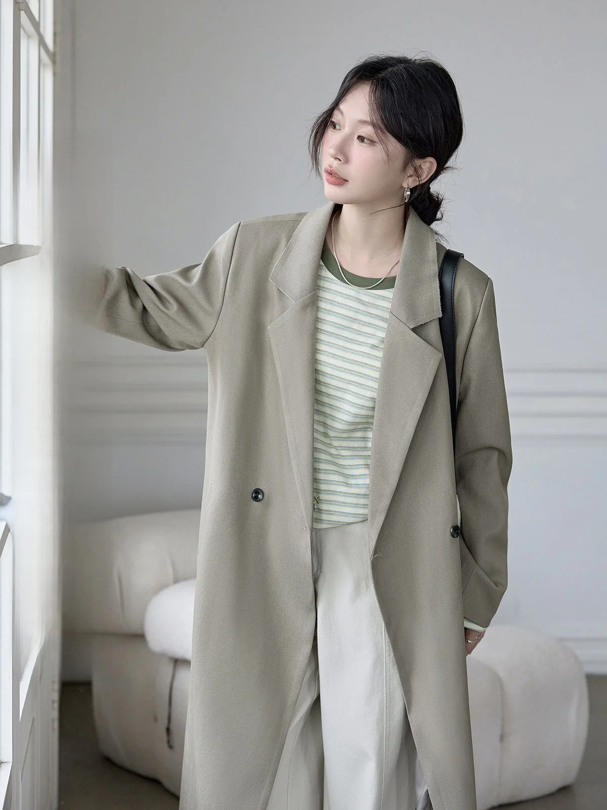 

Ele Long Suit Jaet for Women HuiXi Meticulous Crtsmanip Faionable Frayed Commute Sle Stand Fit Pure Color