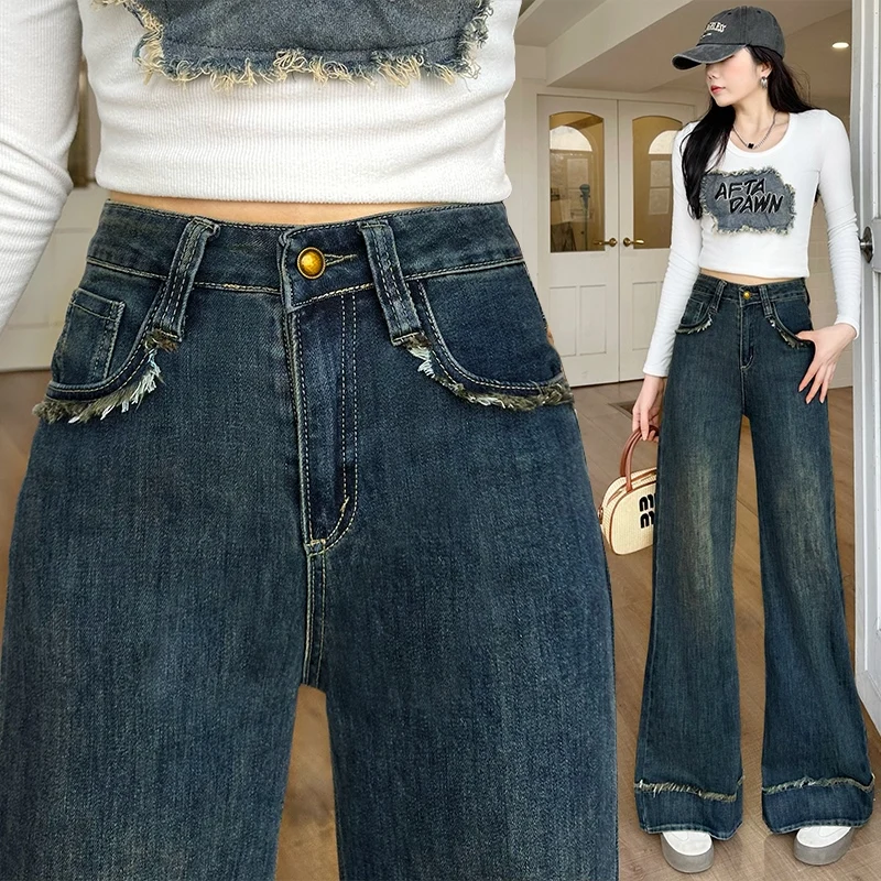 Vintage Vintage Blue Denim Wide Leg Pants for Women, New Korean High Waist Raw Edge Loose Flared Trousers, Slim Fit - Aliexpress Deal